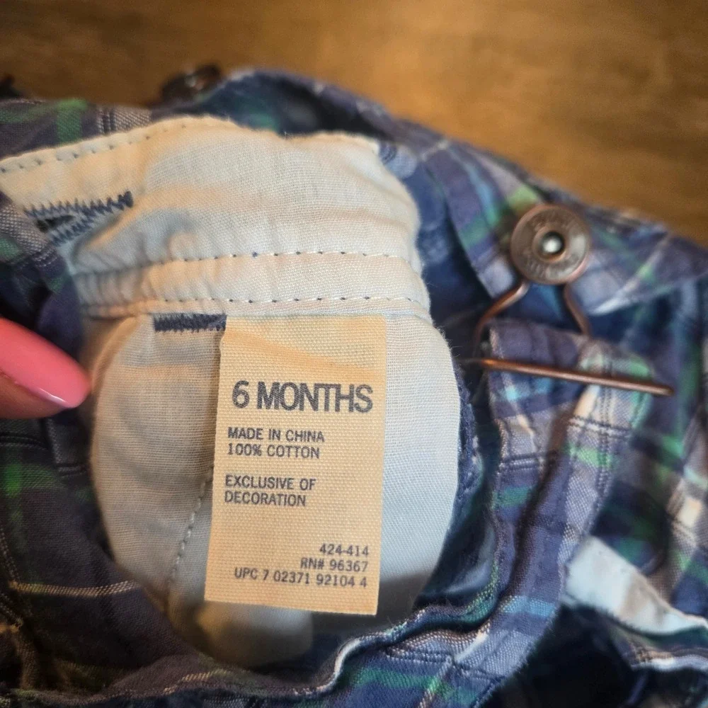 OshKosh B'gosh Baby Boy 6 Months Blue Green Plaid Vestbak Cotton Shortalls